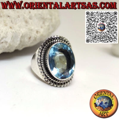 Anello in Argento 925‰ con topazio azzurro ovale grande su montatura larg - Immagine 1 di 4