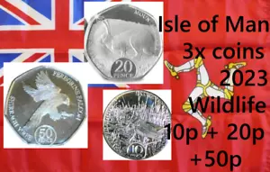 Conjunto de monedas Isla de Man x3 UNC 2023 Vida Silvestre 10p 20p 50p Liebre Saltamontes Halcón - Imagen 1 de 6