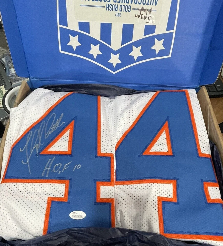 2017 Gold Rush Autographed Floyd Little HOF Denver White Football Jersey JSA COA - Image 1 of 4