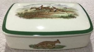 Spode Green Rim Hering Hunt Rechteckig Porzellan Kommode Box First Over - Bild 1 von 9