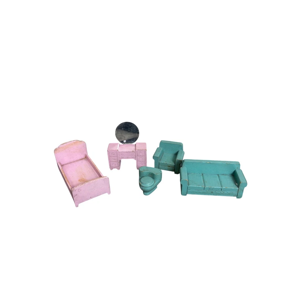 Винтажный миниатюрный кукольный домик мебель комплект розовый кровать синий диван туалетный столик стул дерево - Изображение 1 из 4