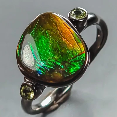 Handmade 5 ct+ Natural Ammolite Ring 925 Sterling Silver Size 7.5 /R441559 - Image 1 of 4