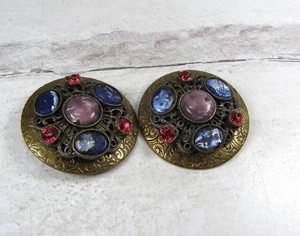 Paar Vintage filigran gewölbt geätzt Metall Kunst Glas Strass Mantel Knöpfe - Bild 1 von 4