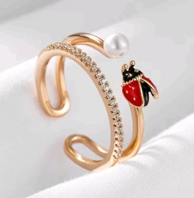 Luxus Ring 585er Rolled Roségold Walzgold Größenverstellbar Marienkäfer-Perle - Bild 1 von 4