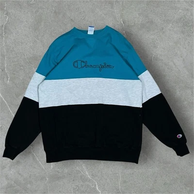 Sudadera Vintage Años 80/90 Champion Spellout Colorblock Rayas Cuello Redondo XL EE. UU. Foto 1 de 4