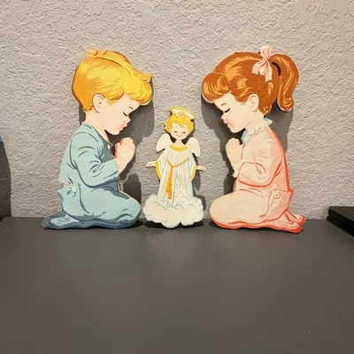 Vintage 1958 Dolly Toy Co Praying Boy Girl Angel & Doves Nursery Wall Art Decor  - Image 1 of 3