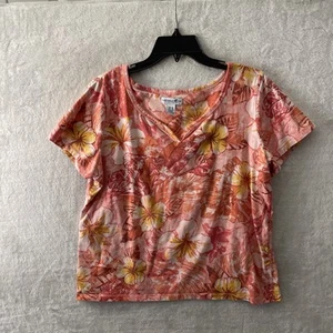 Caribbean Joe Womans Blouse Top Pink Floral XL Cotton Blend V Neck Short Sleeve - Picture 1 of 6