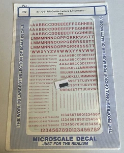 MICROSCALE HO DECAL-RAILROAD GOTHIC LETTERS/NUMBERS-RED #87-70-5 - Picture 1 of 1
