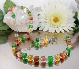 SET / Würfel Collier + Ohrhänger SILBERFOLIEN GLAS Würfel Herbstfarben Rhomben - Bild 1 von 5