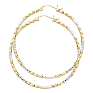 Real 14K Yellow White Gold Diamond Cut Twisted Hook Hoop Earrings 2.0 MM Ladies - Picture 1 of 8