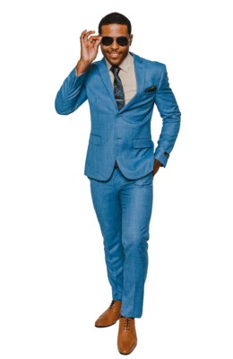 Slim Fit Blue Windowpane Plaid 2 Button Mens Suit Notch Lapel 16308 AZARMAN NEW - Image 1 of 4