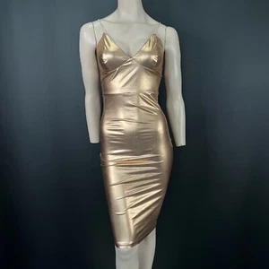 Club L Dress 8 Womens Metallic Gold Foil Strappy Fitted Knee Length Stretchy - Picture 1 of 11