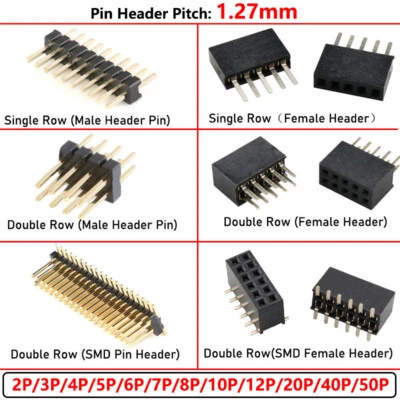 1.27mm Pitch 2P - 40P PCB Male / Female Pin Header Single / Double Row Connector - Image 1 of 4