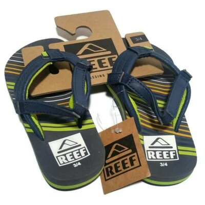 Reef Little Ahi Kids 3/4 Stripe Green Summer Beach Pool Slip On Flip Flop Sandal - Image 1 of 4