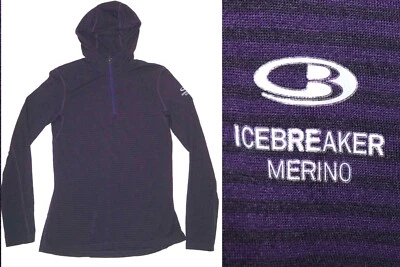 * Icebreaker шерсти мериноса 200 толстовка с капюшоном Топ 1/2 молнии черный фиолетовый полоски M Wms - Изображение 1 из 4