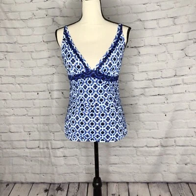 Camiseta Tankini Tommy Bahama Azul y Blanco Estampado Geométrico Acolchada Inalámbrica Mediana Foto 1 de 4