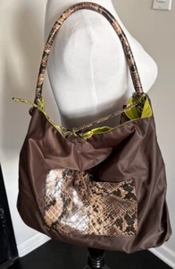 FALCHI by FALCHI REVERSIBLE NYLON HOBO HANDBAG in BROWN & LIME NWT - Picture 1 of 6