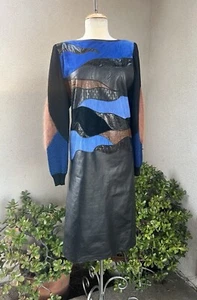 Vtg Amen Wardy 80s Leather Dress Black Blue Snake Skin Trim Knit Sleeve S/M - Picture 1 of 9