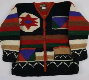 Vintage Ecuador Hand Knit Multicolor Native Pattern Heavy Wool Cardigan Sweater - Picture 1 of 5