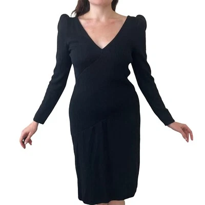 Vestido St. John Vintage Ajustado Negro Tejido Abullonada Mangas Largas Midi Movible 6 Años 70 Foto 1 de 4