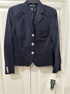 Lauren Ralph Lauren Navy Linen Blazer Jacket Womens 12 NWT Lined Classic - Picture 1 of 16