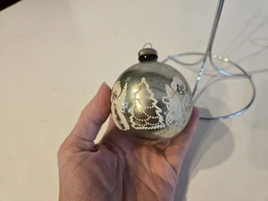 Vintage SHINY BRITE Glass Stenciled 2 Angels & Tree Green Ornament - Picture 1 of 6