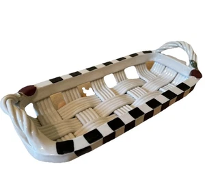 White Ceramic Rectangle Pottery Basket Woven Lattice w/ Handles Apples Checker - Picture 1 of 11