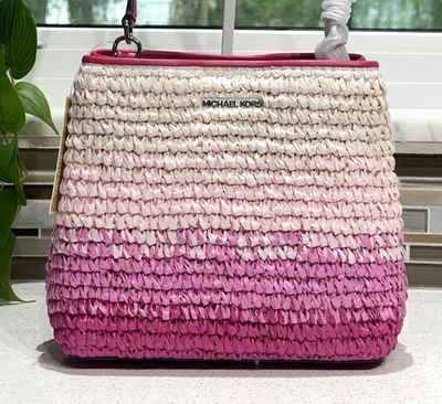 MICHAEL KORS PRATT MEDIUM WOVEN BUCKET SHOULDER BAG STRAW TOTE MK PINK OMBRE - Image 1 of 4