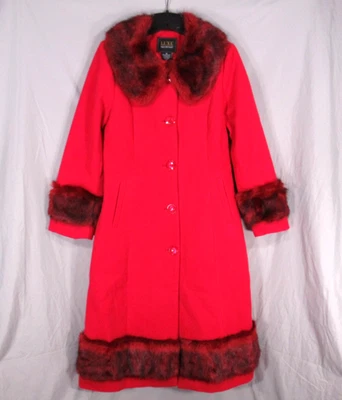 KC COLLECTIONS Red Fleece FAUX FUR TRIM Button-Up POCKETS Long JACKET/COAT Sz M - Image 1 of 4