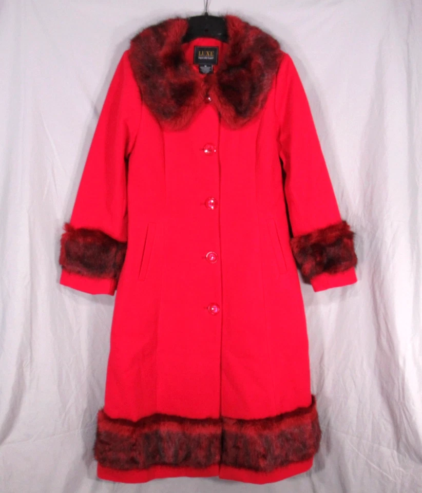KC COLLECTIONS Red Fleece FAUX FUR TRIM Button-Up POCKETS Long JACKET/COAT Sz M - Image 1 of 4