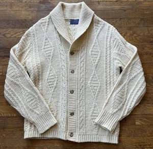 Vintage Pendleton Chunky Knit Heavyweight Wool Cardigan Sweater Shawl Collar L - Picture 1 of 6