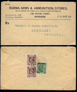 BURMA 1939 FISCHEREIWAFFEN MUNITION WERBUNG ENV.OBERFLÄCHENPOST 2 1/2a Frankatur nach GB - Bild 1 von 1