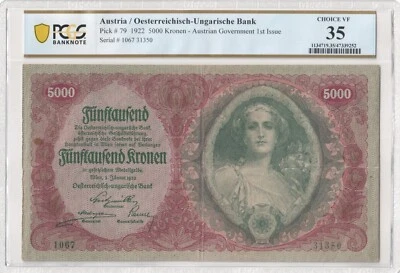 1922, Austria. Certified Large 5,000 Kronen Note. Pick # 79. PCGS Choice VF 35! - Image 1 of 2