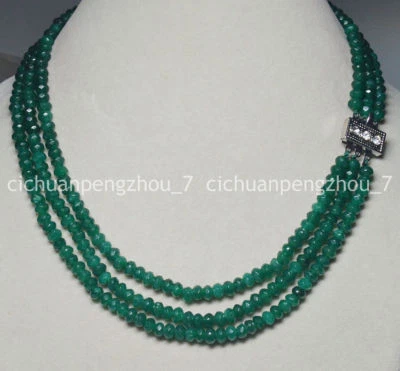3 Rows 4x6mm Faceted Ink Green Jade Gems Rondelle Beads Necklaces 17-19'' - Image 1 of 4