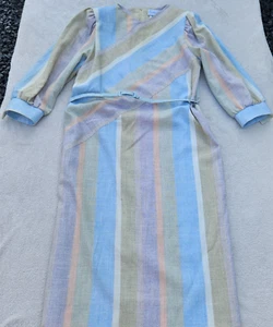 Leslie Fay Dress 14 Striped Belted Midi 80s 90s Mom Retro Secretary Office Party - Picture 1 of 14