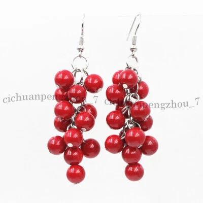 Pendientes de gancho de plata colgantes de uva racimo cuentas redondas de coral rojo natural de 6 mm Foto 1 de 4