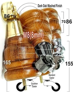 4 WOOD FURNITURE SOFA LEGS M8 REPLACEMENT CHAIR WITH CASTORS WHEELS 165mm HIGH - Picture 1 of 21