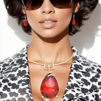 Женщин большой красный кристалл капли подвеска золото над моды ошейник ожерелье комплект - Изображение 1 из 2