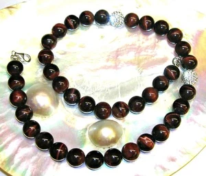 COLLAR OJO DE TIGRE ROJO 10 mm PLATA de ley 925 y Shamballas Envío certificado - Imagen 1 de 1