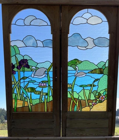 *Beautiful Pair of Pine Antique French Stained/Leaded Glass Doors with Swans Cover
