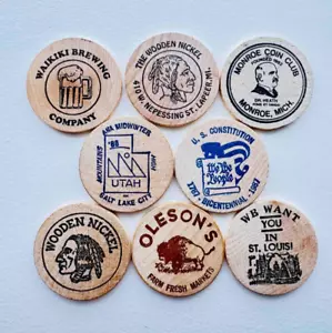 Wooden Token Set of 8 - Waikiki,St.Lapeer,Monroe,Utah,South Shore,Larrys, etc. - Picture 1 of 2