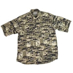 Columbia Sportswear Men's Button Down Shirt M Cream Blue Black Fish All Over Pri - Picture 1 of 5