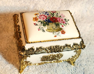 Vintage Victorian Style Music Trinket Box Gold Trim Flower Basket