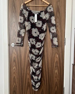 Topshop Black Brown White Mesh 70s Lined Floral Ruched Midi Dress UK 14 RRP £40 - Picture 1 of 5