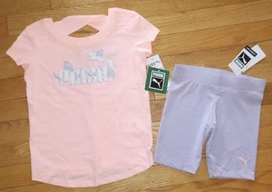 Puma Girls Shorts Shirt Set Purple Biker Shorts Peach Top Sparkle Logo 5 NWT - Picture 1 of 3