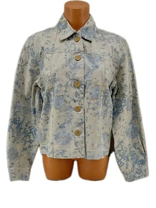 Marisol blau Blumendruck auf natürlicher Farbe Denim Hand Perlen Akzent Jacke.  Lg - Bild 1 von 11