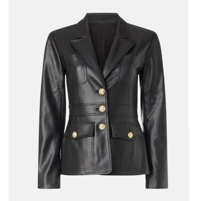 Derek Lam Black Faux Leather Blazer Military Style Jacket Gold Buttons Sz 0 - Image 1 of 4