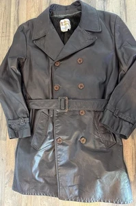 VTG 70s Men’s Long Brown Leather Trench Coat Berman Buckskin 42 WIDE Collar - Picture 1 of 19