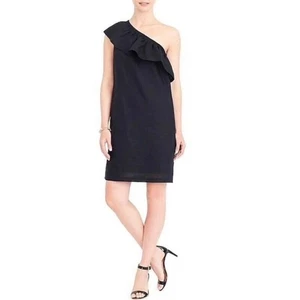 J.Crew One Shoulder Ruffle Linen Blend Dress XXS Black - Picture 1 of 5