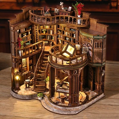 Casa de bonecas retrô miniatura faça você mesmo livraria Qimeng modelo 3D casa de brinquedo de madeira com LED - Imagem 1 de 4